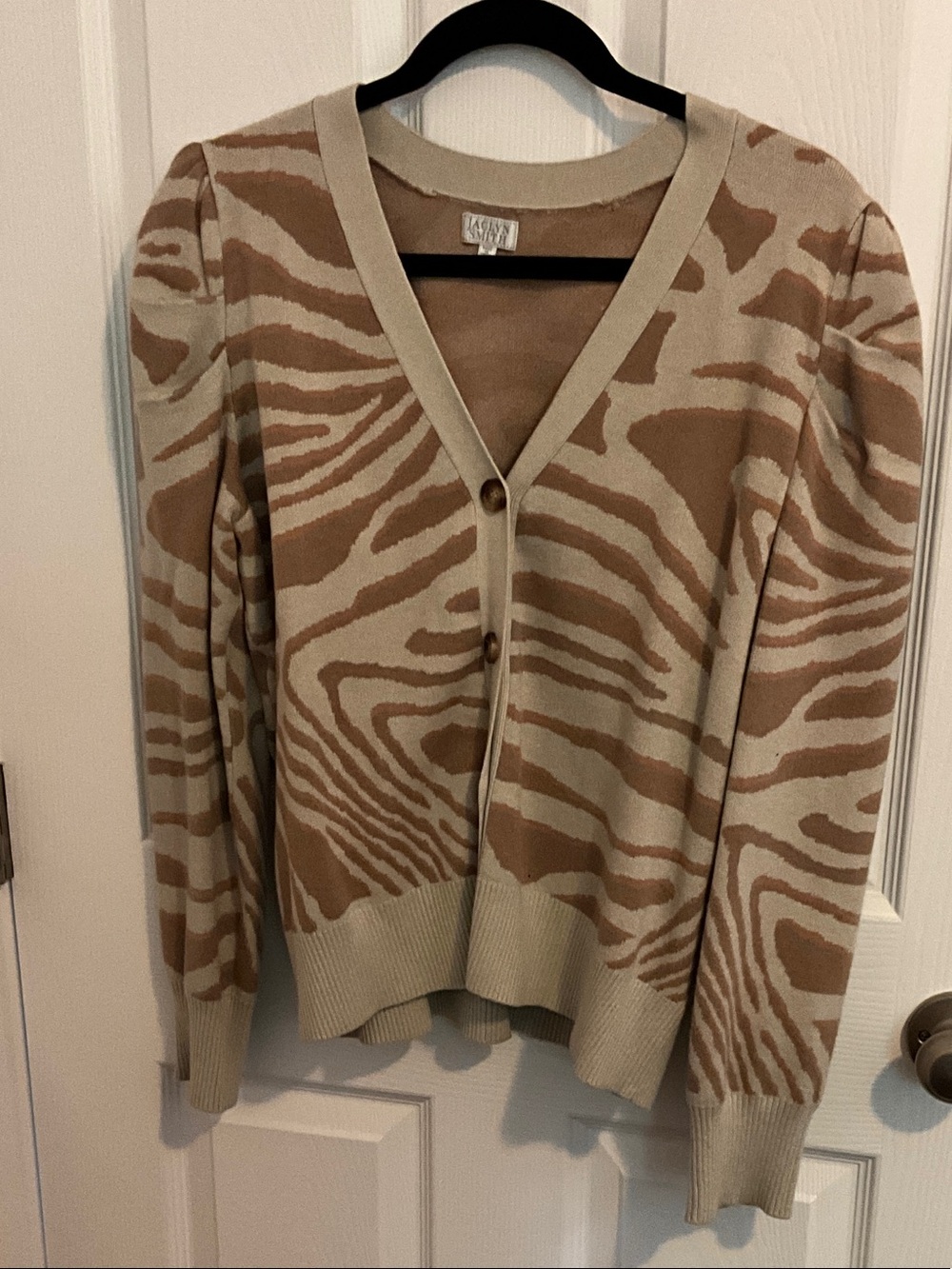 Jaclyn Smith Cream and Tan Zebra-Pattern V-Neck Cardigan